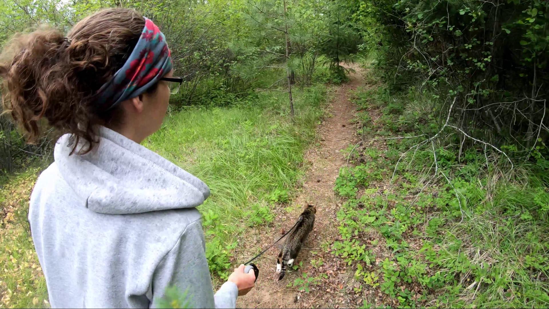 Benny walking the trail with Mel to Goat's Bluff at Skihist Provincial Park, British COlumbia, Canada. 