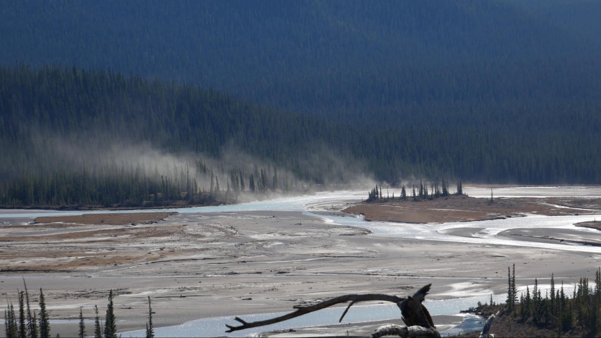 View from the Saskatchewan River Crossing viewpoint on the Icefields Parkway between Jasper and Banff National Parks in Alberta, Canada. 
