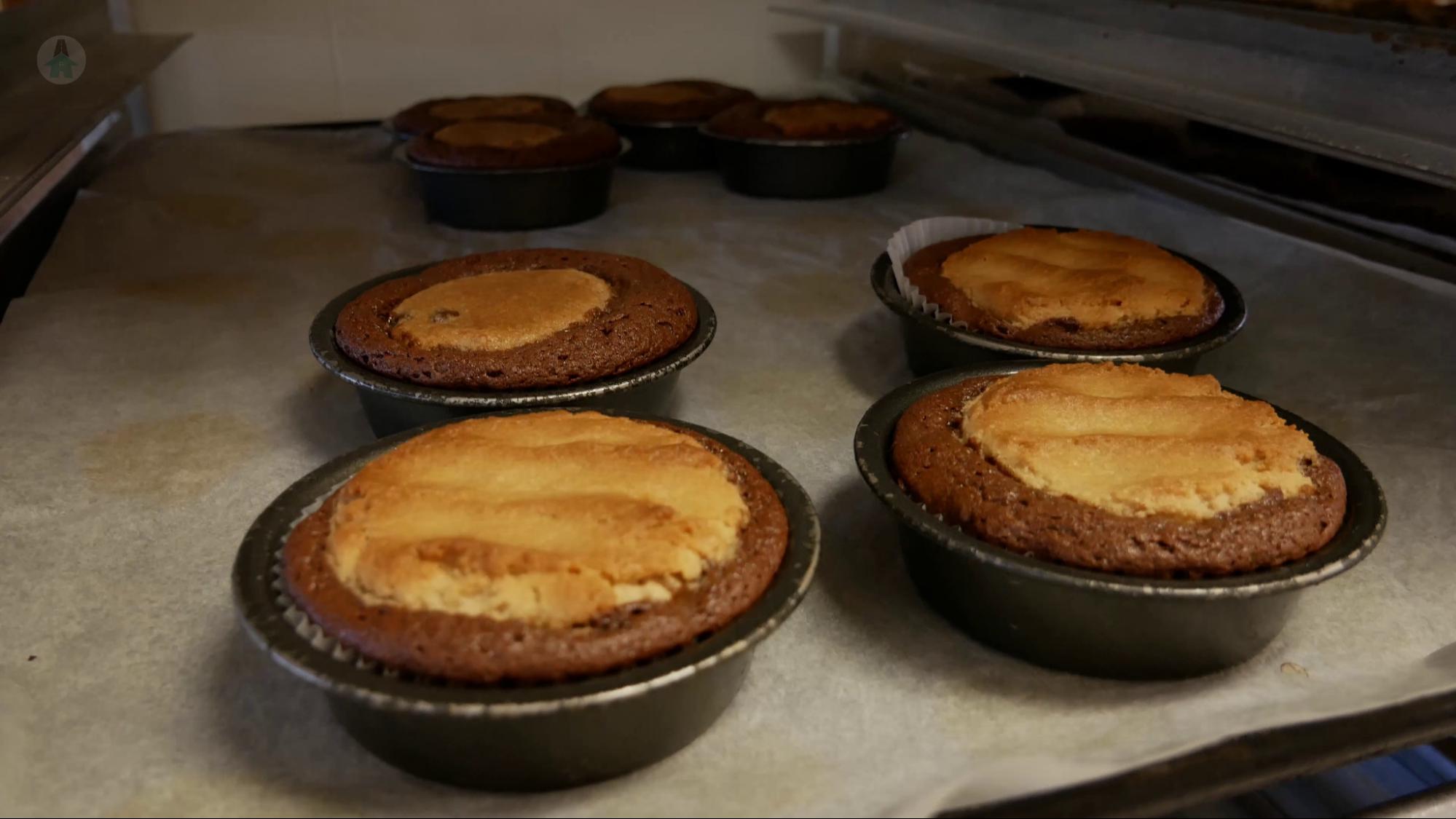 Brookies are a cookie baked into a brownie. Pictured here, the peanut butter (front) and chocolate chip (back) brookies when removed from the oven at The Rolling Pin Bakery in Hope, BC.