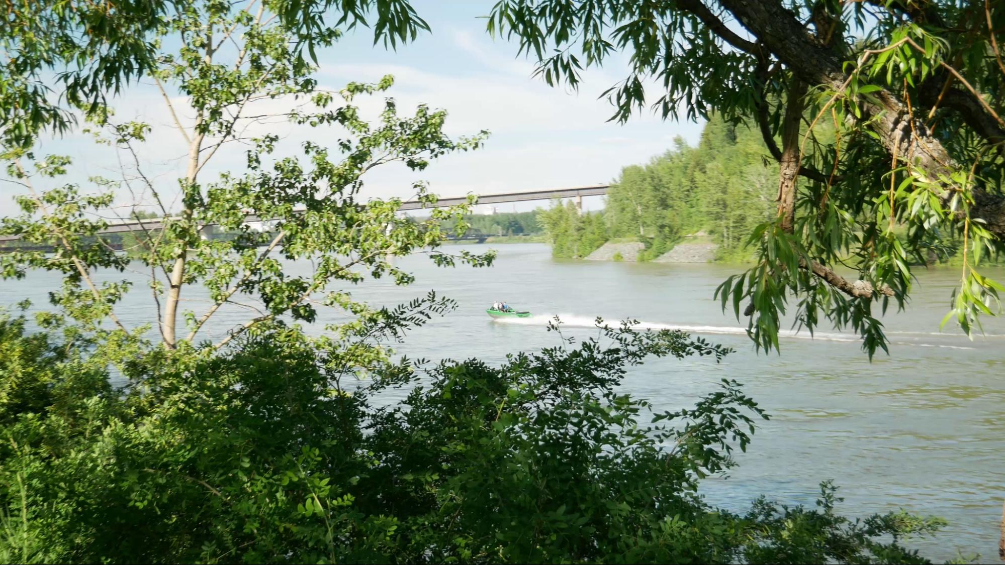 A fishing boat out on the Fraser River in Prince George, BC